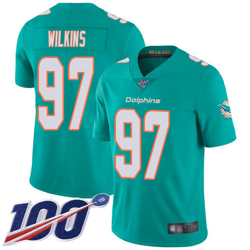 Nike Miami Dolphins #97 Christian Wilkins Aqua Green Team Color Men Stitched NFL 100th Season Vapor Limited Jersey